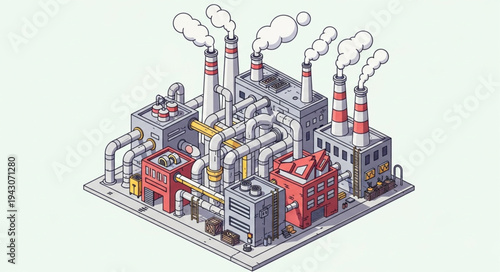 Isometric Factory with Smokestacks and Pipes.