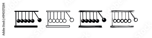 Newton's cradle icon set. Classic executive desk toy illustrating physics principles, momentum and energy conservation.