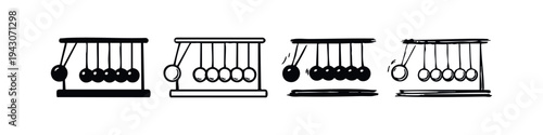 Newton's cradle physics demonstration icon set. Executive desk toy showing momentum and kinetic energy transfer.