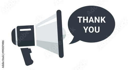 A gray megaphone graphic with a speech bubble displaying the text thank you