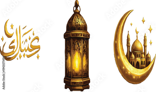Golden Islamic Ramadan symbols with Arabic calligraphy and crescent moon mosque vector