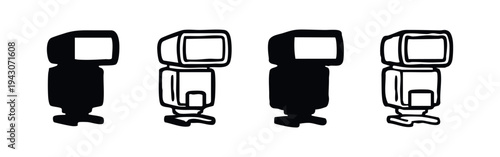 Photographic Camera Flash Icons Set. Strobe Light Accessories for Studio Photography