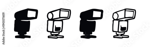 Camera Flash Unit Icons Set. Speedlight Photography Accessory Symbols for Professional Gear