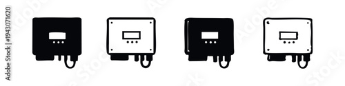 Solar Inverter and Electrical Box Icons Set. Renewable Energy Power Converter Symbols