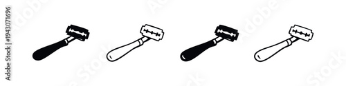Safety Razor Icons Set. Vintage Shaving Blade Vector Illustration. Hand Drawn Grooming Tool Collection in Black and White.