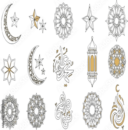 Islamic Ramadan Line Art Symbols Crescent Moon Stars Lantern and Geometric Patterns