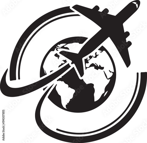 Airplane flying around the globe in black and white