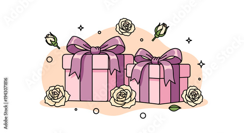 Two beautifully wrapped gift boxes adorned with bows, illustrated in a modern, colorful style with floral accents
