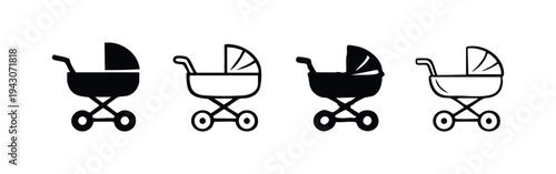 Baby stroller icon set. Pram symbol in flat and outline style for childcare and family transport.