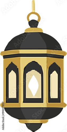Ornate gold and black Islamic lantern with arched windows for Ramadan or Eid mubarak