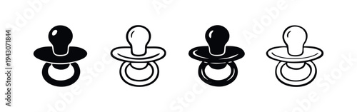 Baby pacifier icon set. Dummy symbol for infants, soothing and comfort in various styles.