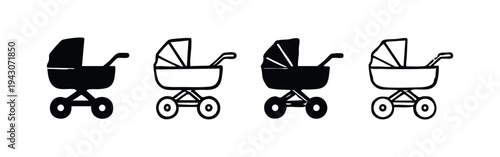 Hand drawn baby stroller icon set. Pram symbol in sketch style for childcare and parent graphics.