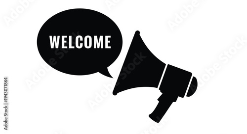 A black silhouette of a megaphone with a speech bubble displaying the word welcome