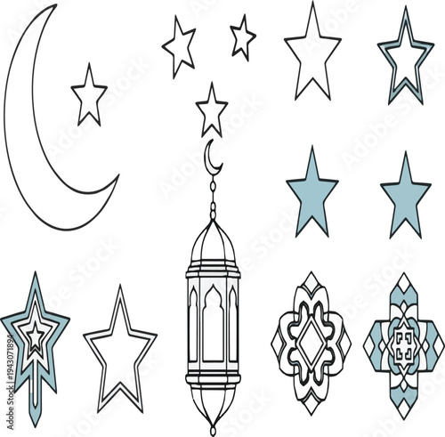 Outline Islamic symbols with blue accents including moons, stars, lanterns, and geometric designs