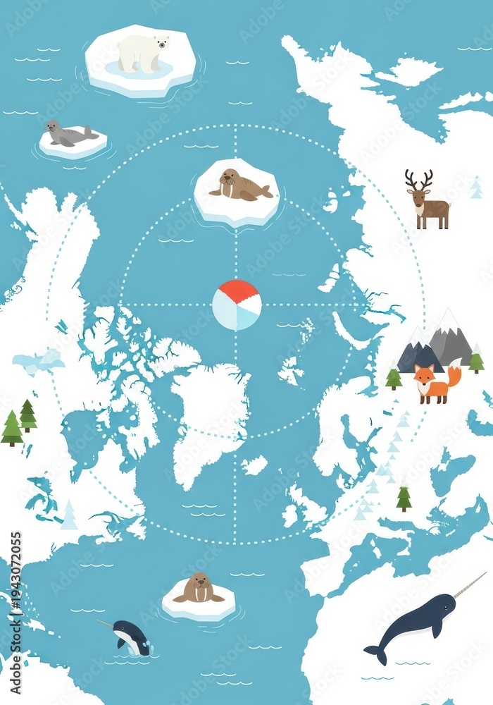 Obraz premium Simplified map illustrating Arctic region fauna distribution over polar geography