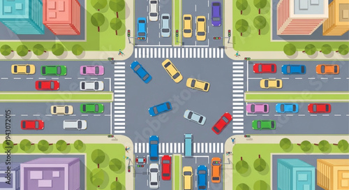 Aerial View of City Intersection with Cars and Buildings.