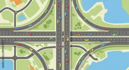 Aerial View of a Highway Interchange with Traffic.