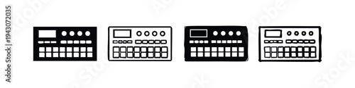 Hand-drawn drum machine or music sequencer icon set. Electronic music instrument in various styles.