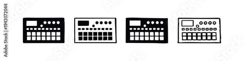 Hand-drawn drum machine or music production workstation icon set. Electronic musical instrument in various styles.