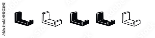 L-shaped hook or bracket icon set. Structural support element in various 3D and outline styles.