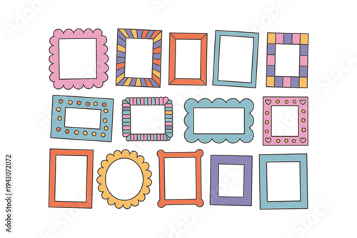 Collection of colorful, decorative picture frames arranged on a white background
