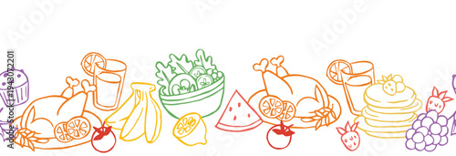 doodle illustration. Cute seamless border of feastive food. Pie, salad, turkey.	
