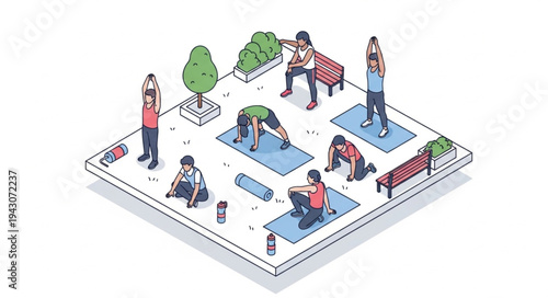 Isometric Illustration of People Exercising in Gym.