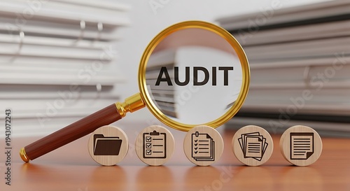 Audit concept with magnifying glass and documents on a desk in an office setting for financial review