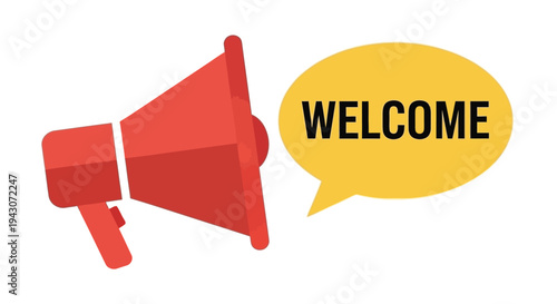 A red megaphone announces welcome in a yellow speech bubble illustration