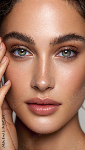 Beauty woman face portrait blue eye smooth skin natural makeup closeup freckle eyebrow