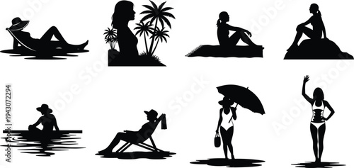 Summer beach woman silhouettes set with ladies sunbathing, wearing hats, holding umbrella and relaxing under palm trees for tropical vacation holiday design