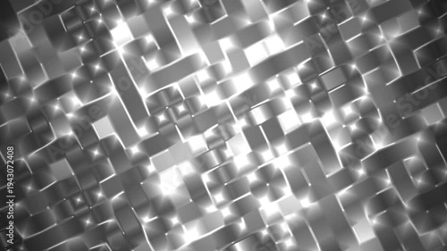 Abstract metallic interlaced pattern with bright shimmering light spots. Suitable for backgrounds, digital art projects, graphic design, and futuristic themes.