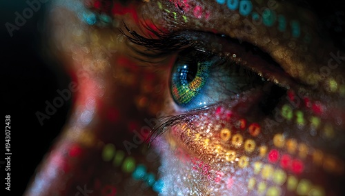 Close-up of a human eye reflecting colorful digital code