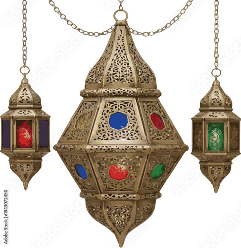 Three ornate Moroccan lanterns with colored glass panels hanging by chains Keywords: lantern, Moroccan, Arabic, Islamic