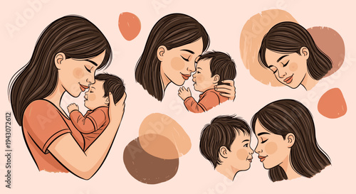 A heartwarming illustration of a mother and child sharing affectionate moments, featuring a modern, flat design style