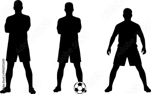Set of three soccer player silhouettes standing with arms crossed and a football isolated on white background for sports team and athletic competition design