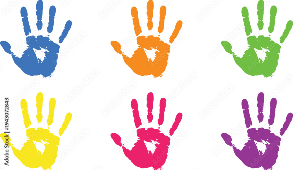 Fototapeta premium Colorful painted handprint set with bright paint palm impressions, creative kids art hand stamp marks for education, craft projects and playful design vector