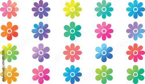Colorful simple flower icon set with bright flat floral shapes, decorative spring blossom symbols for garden, nature, pattern and graphic design vector collection