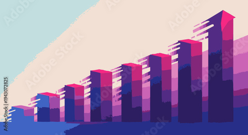 Dynamic illustration of urban growth and real estate development, depicting increasing buildings with a sense of forward momentum and progress.