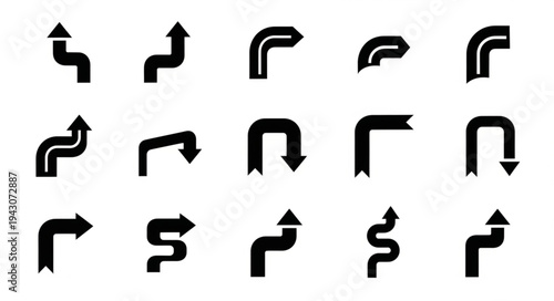 Collection of Black Arrow Icons Pointing in Various Directions.