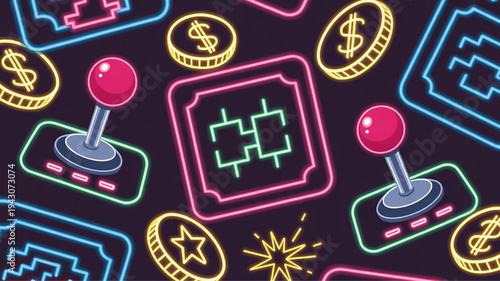 Retro arcade game elements neon glowing joysticks coins and tickets on a dark background vintage gaming concept for digital art and design