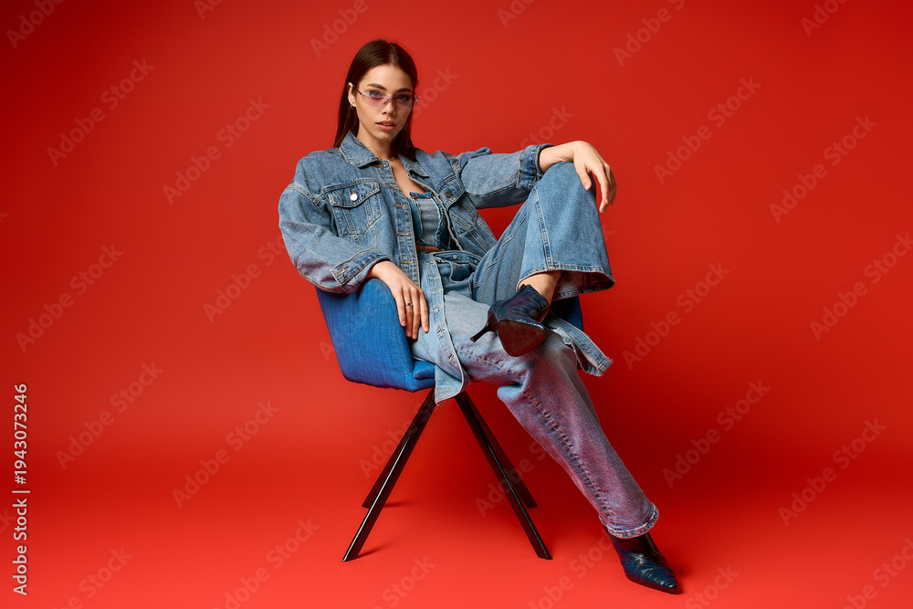 Obraz premium Stylish young woman poses confidently in denim outfit against vibrant backdrop