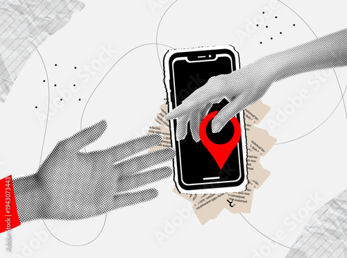 Trendy halftone collage Hands Interacting Through Smartphone Screen with Prominent Red Location Pin Icon , Collage Composition with Torn Paper Textures