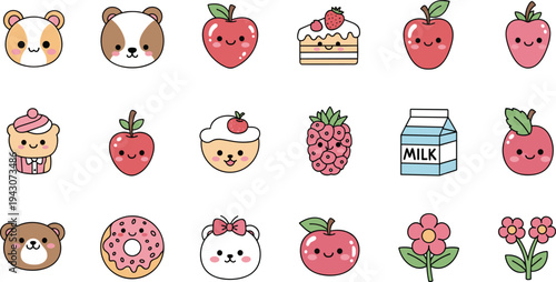 Cute kawaii cartoon icon set featuring bear, strawberries, cake, milk carton, donut, pineapple, flowers and sweet dessert characters in pastel style vector collection