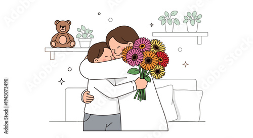 A heartwarming illustration of a couple embracing, surrounded by flowers and a cozy home setting, in a minimalist style