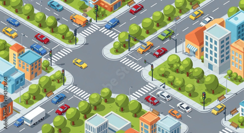 Isometric City Intersection with Cars and Buildings Illustration.