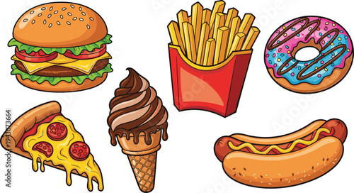 Fast food and dessert vector icon set featuring hamburger, french fries, donut, pizza slice, chocolate ice cream cone and hot dog cartoon illustration