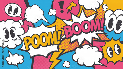 Comic book explosion with POOM and BOOM sound effects speech bubbles and lightning bolts vibrant pop art style for graphic design