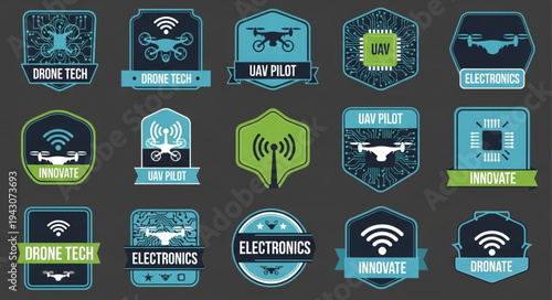 Collection of drone and electronics themed vintage badge designs.