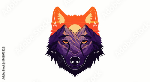 Striking wolf head illustration merging with a vibrant mountain landscape under a radiant sky, symbolizing the untamed spirit of nature and wild beauty